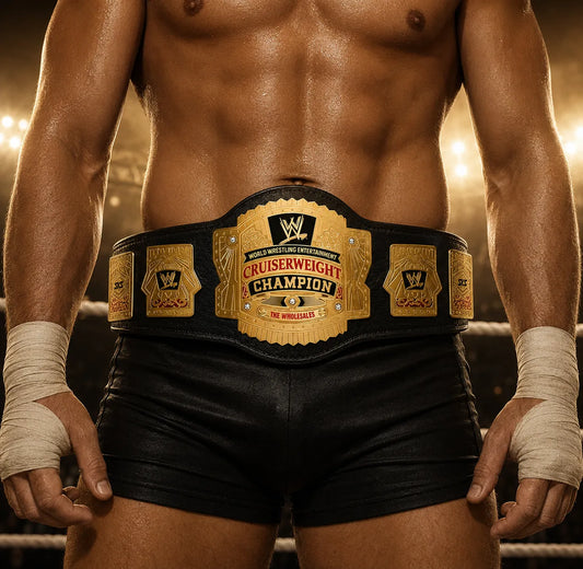 Wrestler wearing a WWE Cruiserweight Championship belt in a ring setting