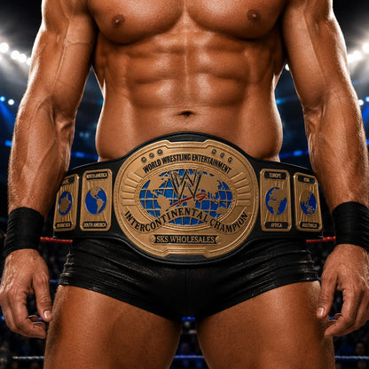 Muscular individual wearing a World Wrestling Entertainment championship belt in a wrestling ring.
