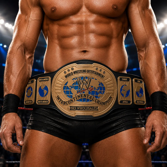 Muscular individual wearing a World Wrestling Entertainment championship belt in a wrestling ring.