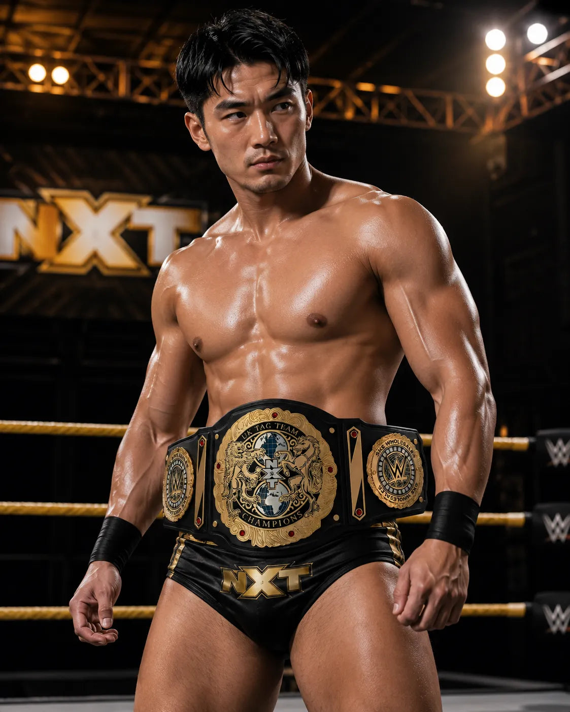 Wrestler posing with a championship belt in front of an 'NXT' sign.