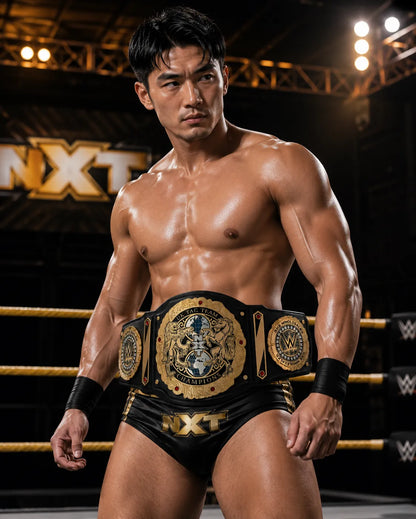 Wrestler posing with a championship belt in front of an 'NXT' sign.