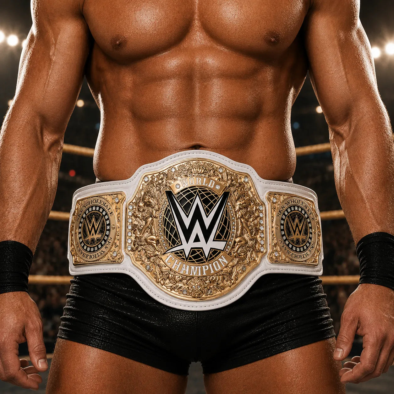 Person wearing a WWE championship belt in a wrestling ring.