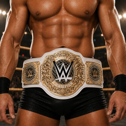 Person wearing a WWE championship belt in a wrestling ring.