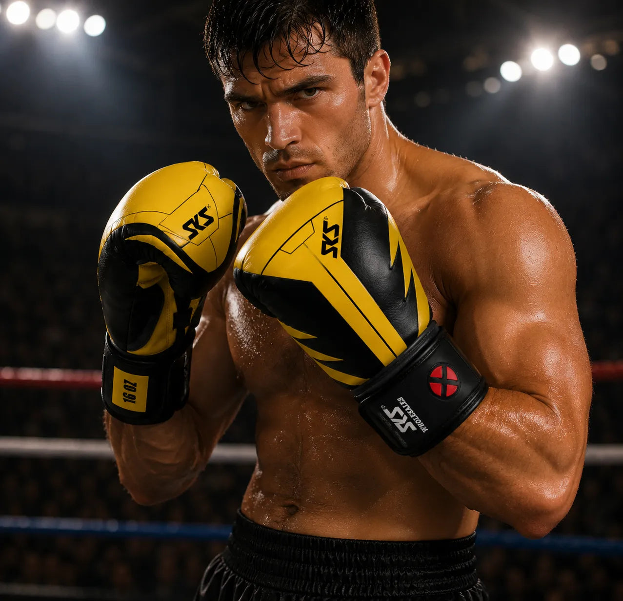 Muscular man in yellow and black boxing gloves in a boxing ring.