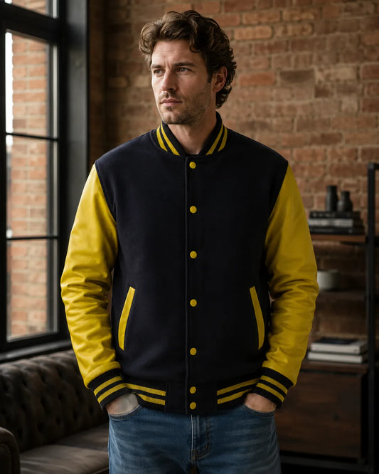customizable-black-and-yellow-leather-varsity-jacket-front-by-SKS