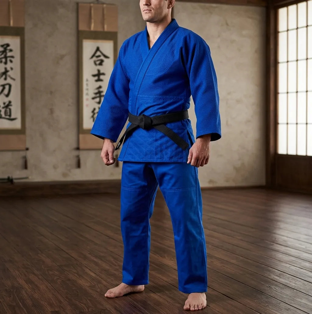Person wearing a blue martial arts uniform in a dojo setting