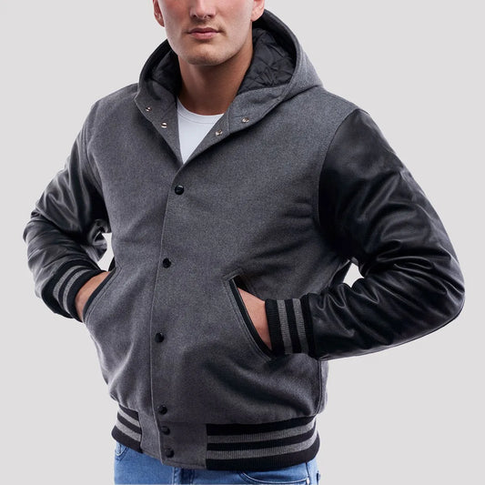 customizable-hooded-leather-varsity-jacket-side-pose-by-SKS-Wholesales