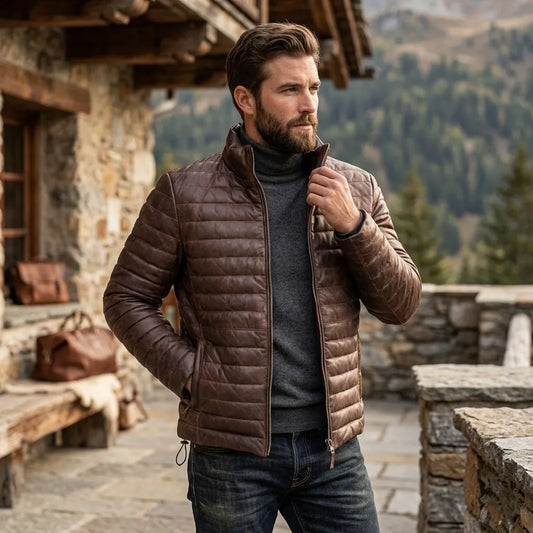 Dark brown leather puffer jacket worn by model