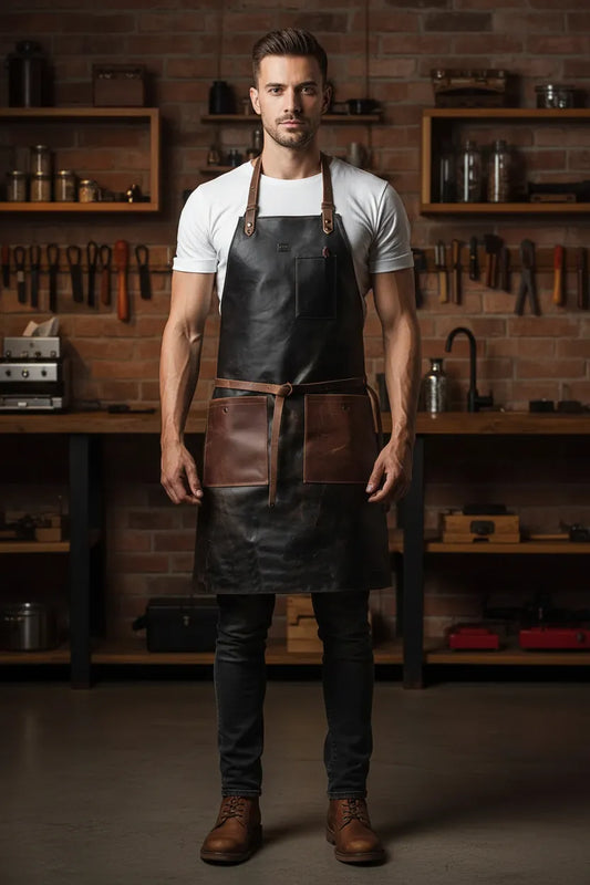 Leather cooking apron worn by model