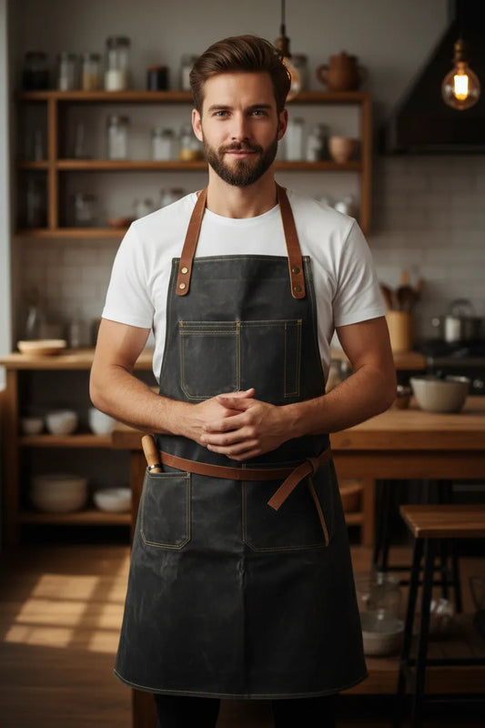 Leather grilling apron worn by model