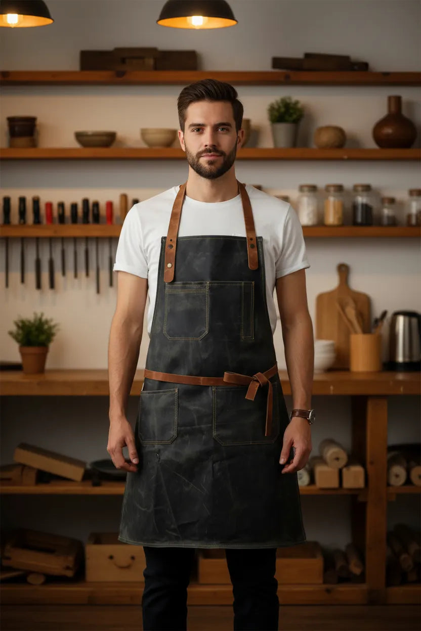Leather grilling apron, angled view