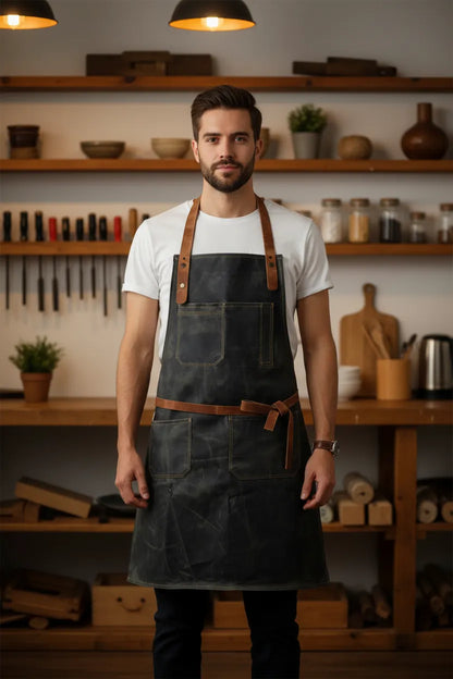 Leather grilling apron, angled view