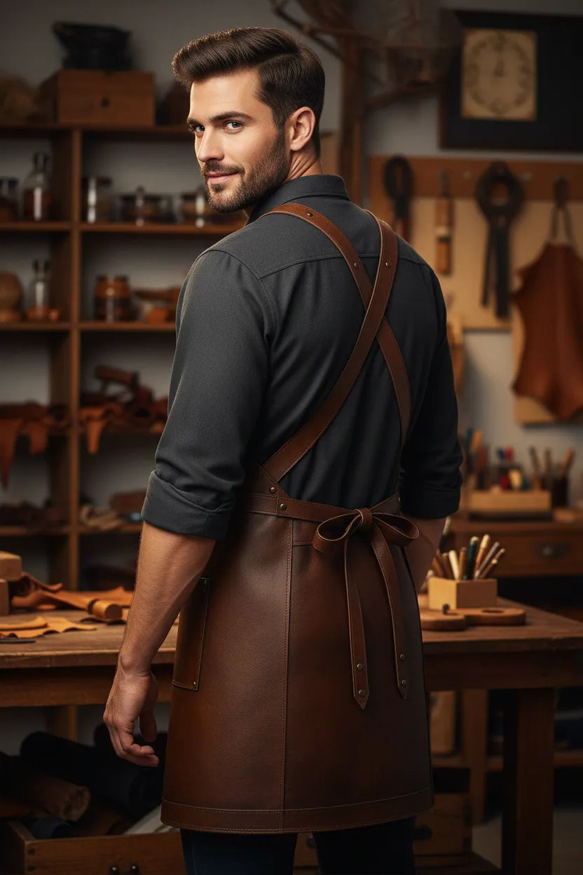 Leather welding apron, back detail