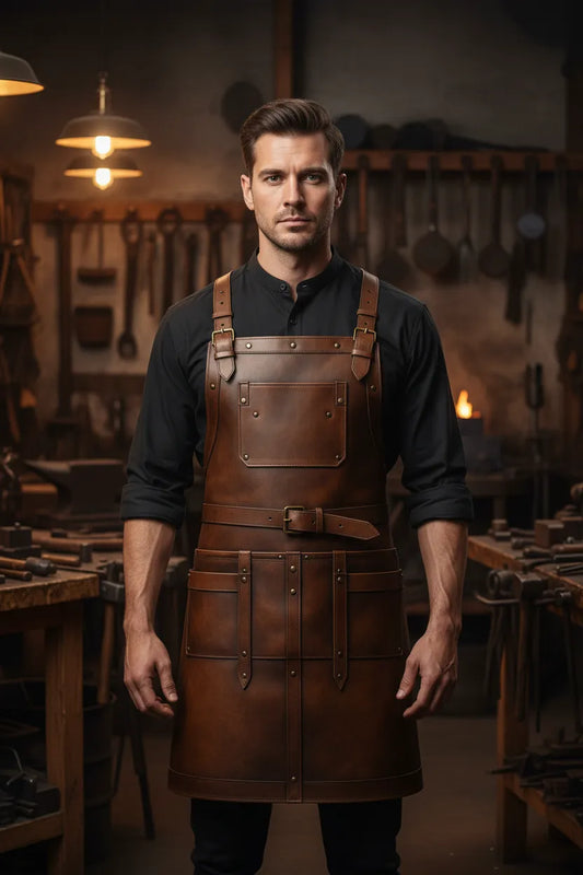 Leather welding apron worn by model
