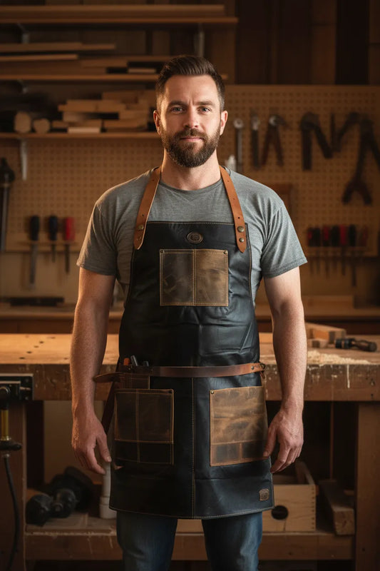 Leather woodworking apron worn by model