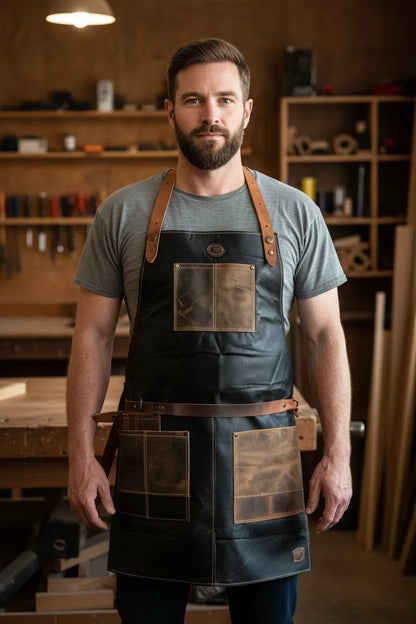 Leather woodworking apron, angled view