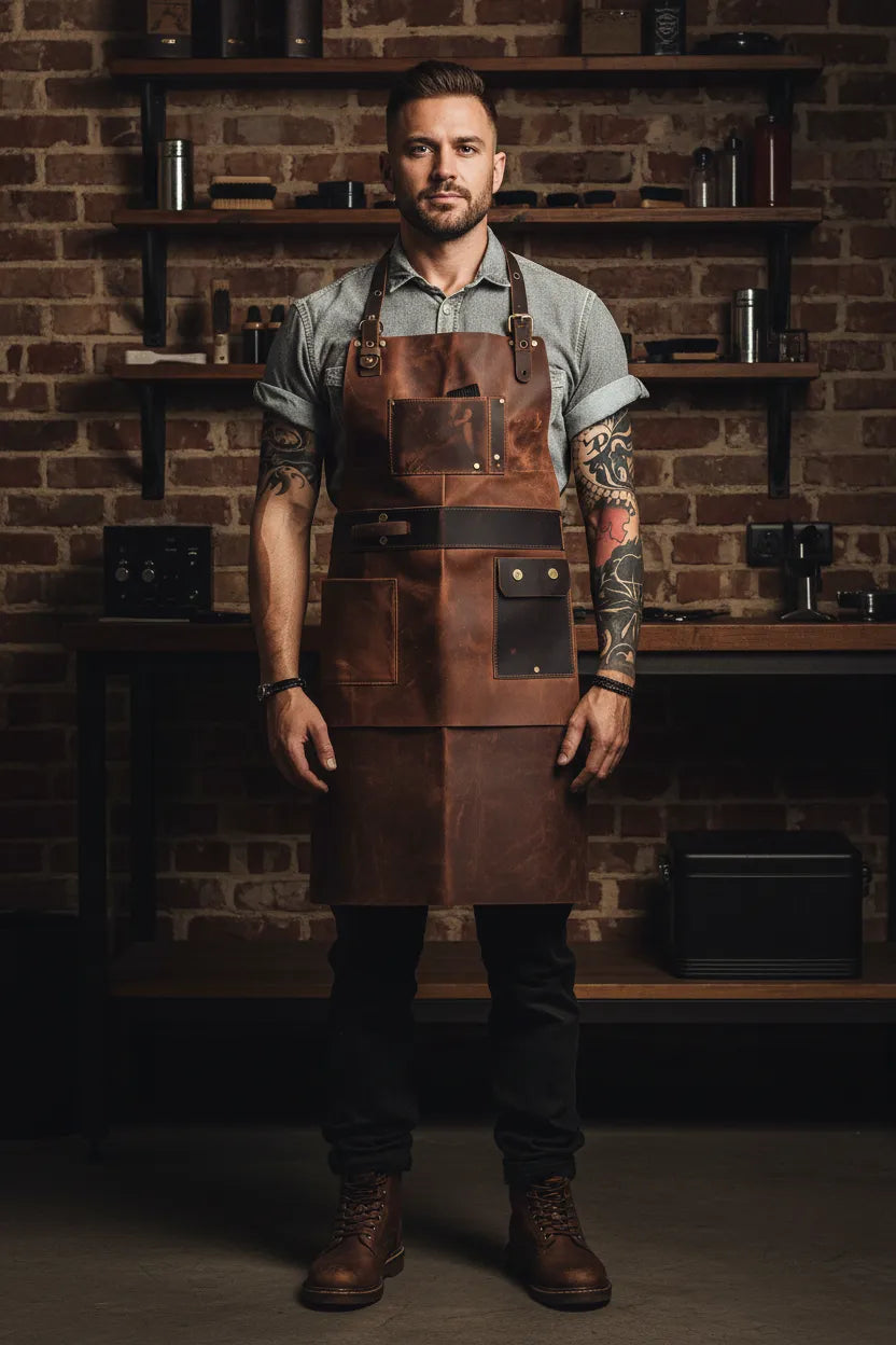 Leather barber apron, detail view