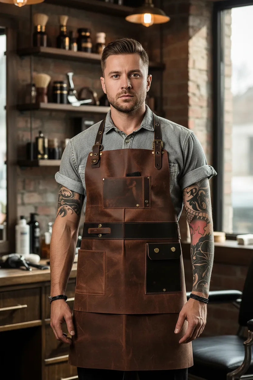 Leather barber apron, angled view