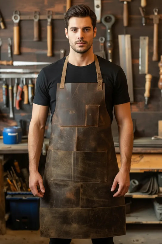Leather work apron worn by model