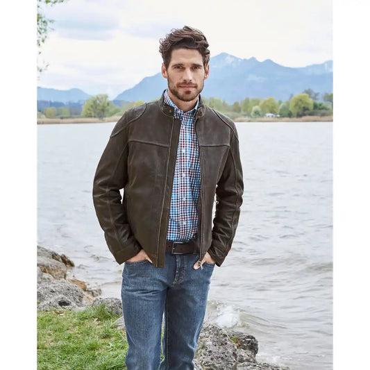 Men's black leather hunting jacket worn by model