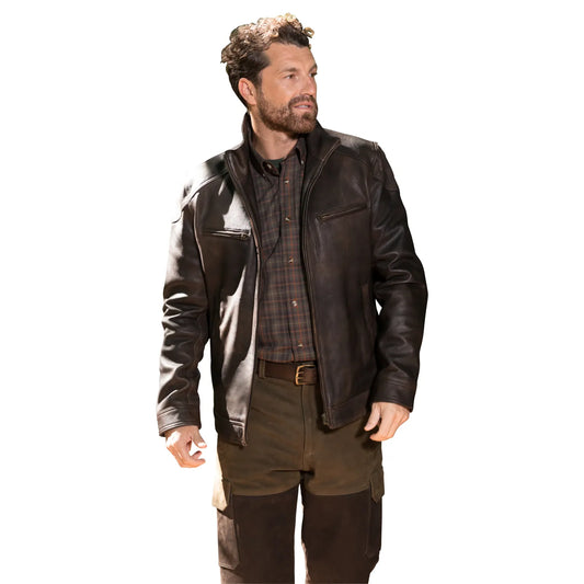 Men's brown leather hunting jacket worn by model