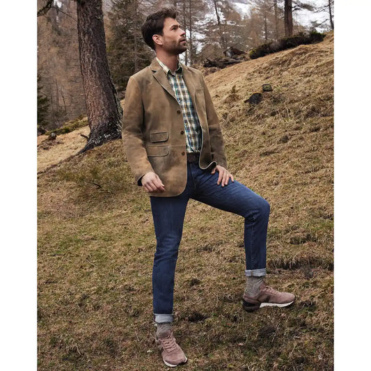 Men's suede leather hunting jacket worn by model