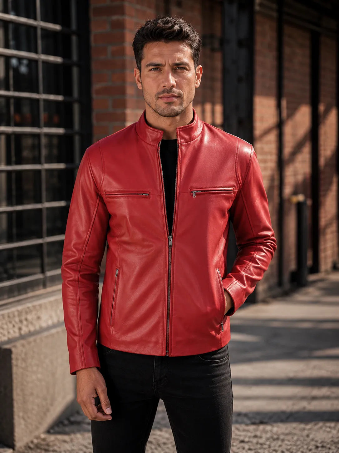 mens-red-leather-biker-jacket-front-by-SKS-Model