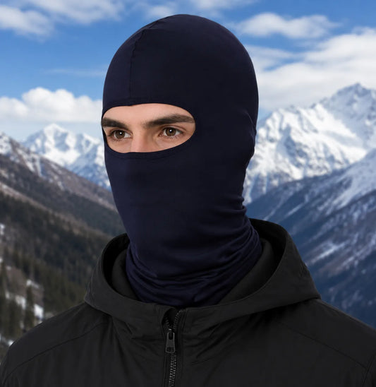 Navy blue balaclava worn by model