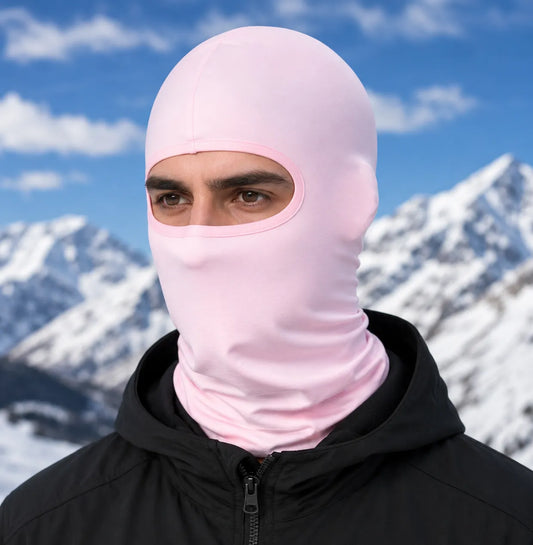 Pink balaclava worn by model