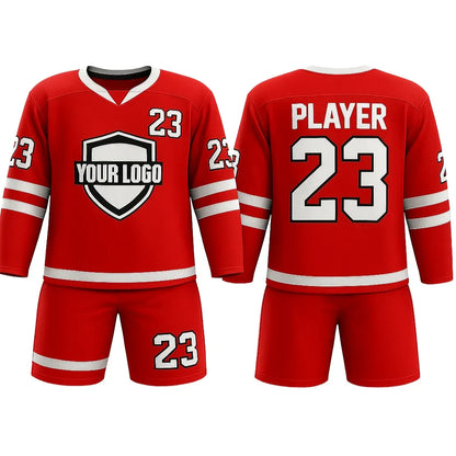 Red hockey jersey with number 23 and customizable logo on a white background