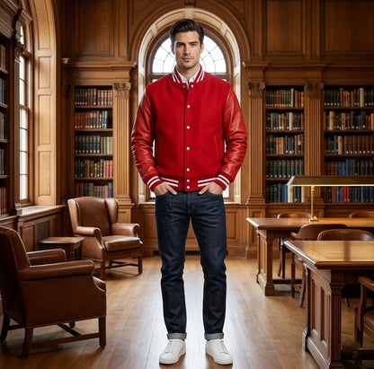 Man wearing a red varsity jacket in a library setting