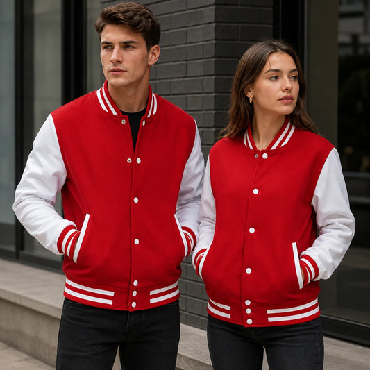 Two people wearing red and white letterman jackets standing against a brick wall.