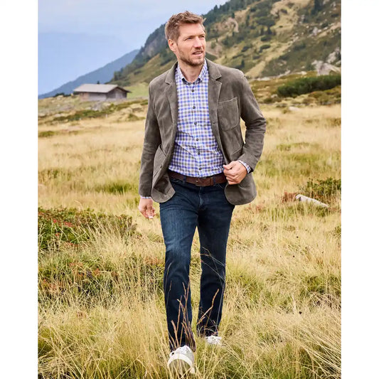 Men's rustic leather hunting jacket worn by model