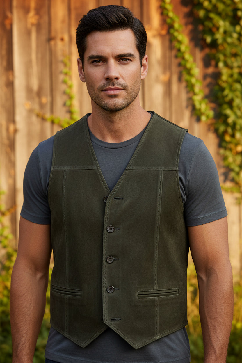 Traditional leather hunting vest, front view