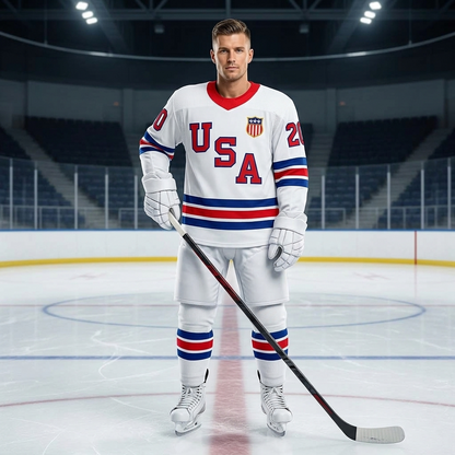 Person wearing a USA hockey jersey on an ice rink