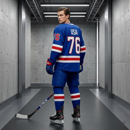 Person wearing a blue hockey jersey with USA and number 76 in a hallway.