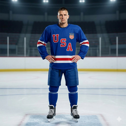 Person wearing a blue USA hockey jersey on an ice rink