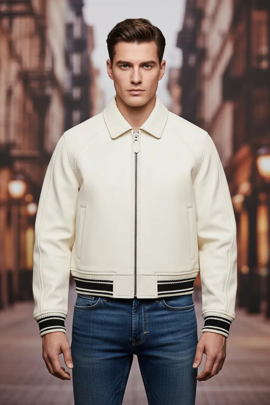 White Avirex cropped icon jacket worn by model
