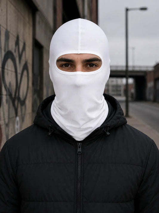 White balaclava worn by model