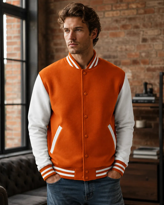 white-sleeves-orange-wool-varsity-jacket-front-by-SKS