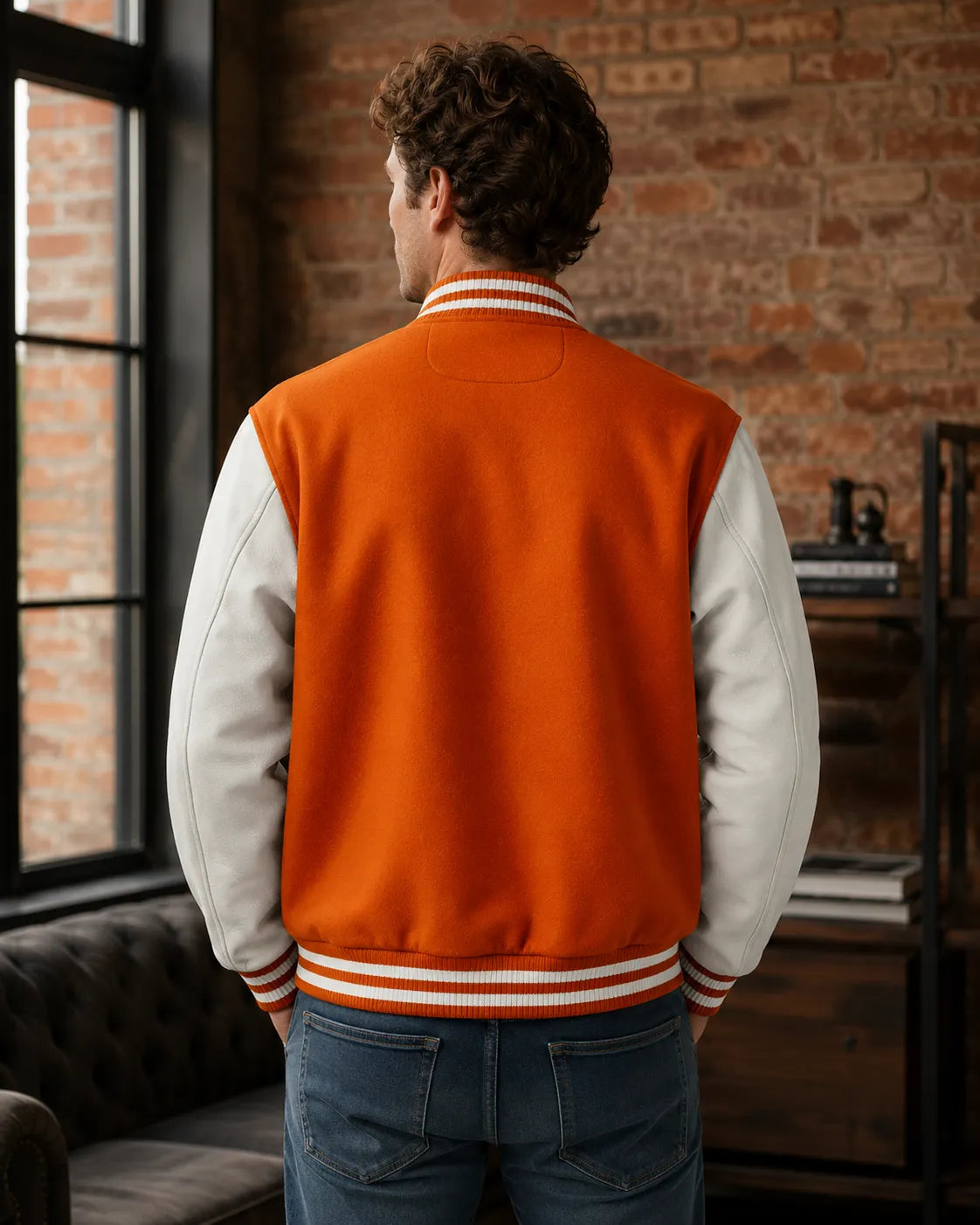 white-sleeves-orange-wool-varsity-jacket-Back-by-SKS