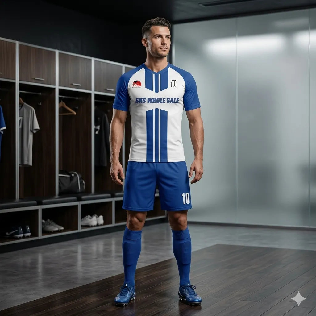 Man wearing a blue and white sports uniform in a locker room.