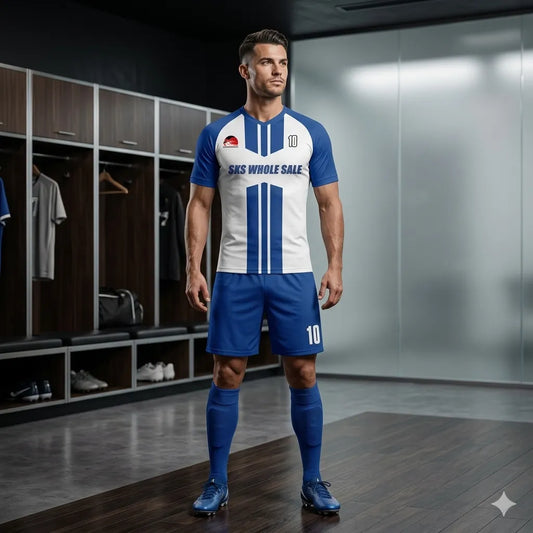 Man wearing a blue and white sports uniform in a locker room.