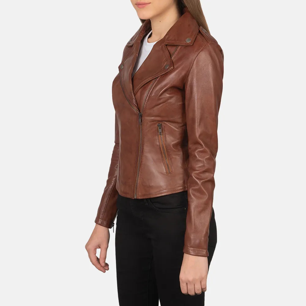 wholesale-brown-biker-jacket-womens-front-pose