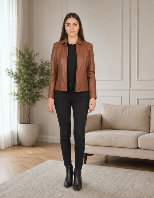 wholesale-brown-leather-jacket-womens-Model