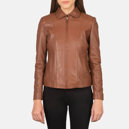 wholesale-brown-leather-jacket-womens-close-front