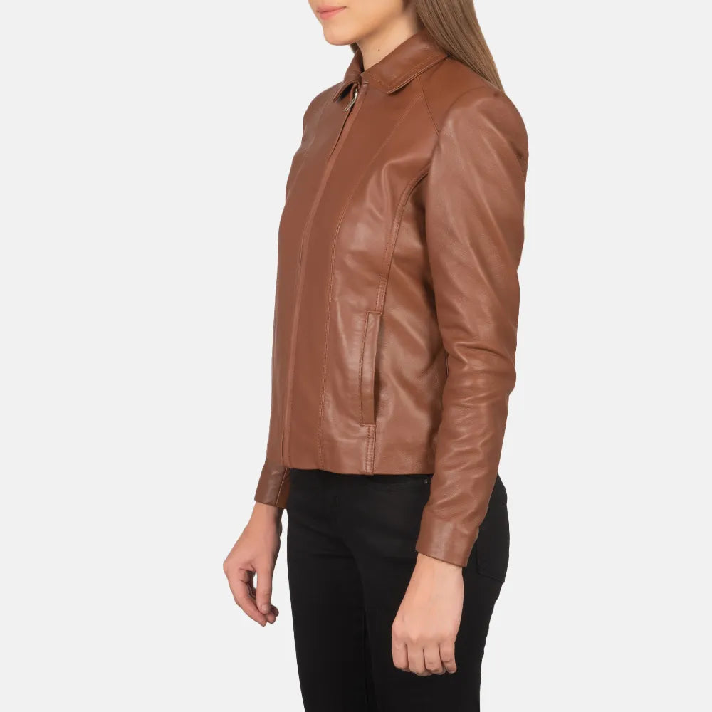 wholesale-brown-leather-jacket-womens-front-side-pose