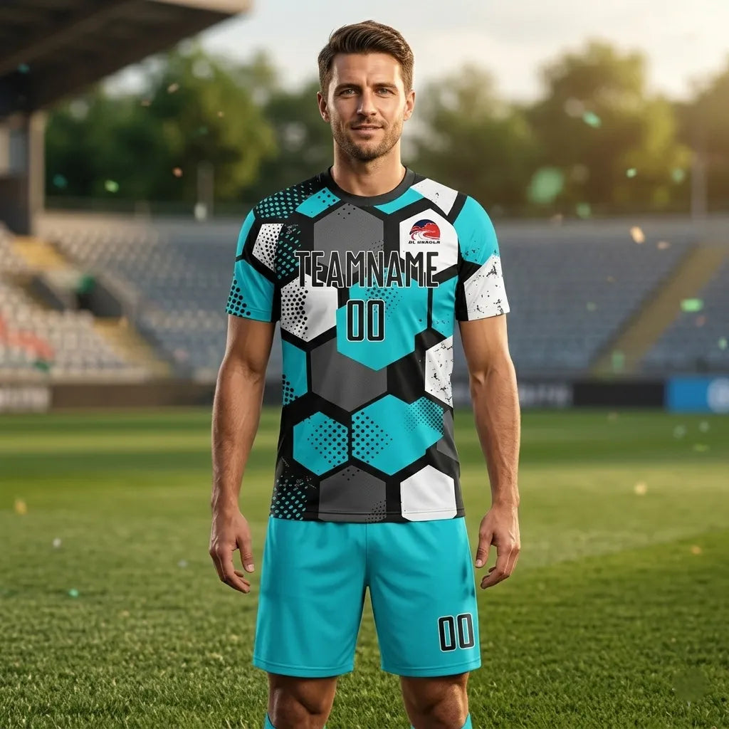 Man wearing a sports jersey and shorts on a football field
