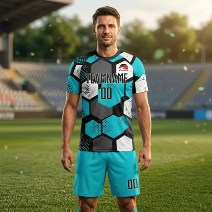 Man wearing a sports jersey and shorts on a football field