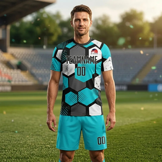 Man wearing a sports jersey and shorts on a football field